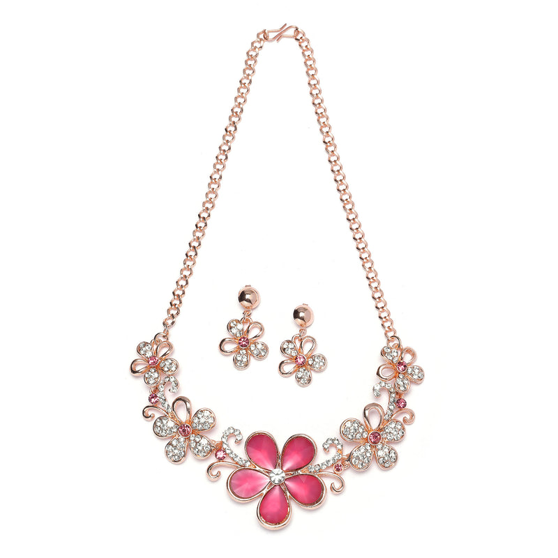 Rose Gold-Plated Red American Diamonds Studded Floweret Necklace & Earrings Jewellery Set
