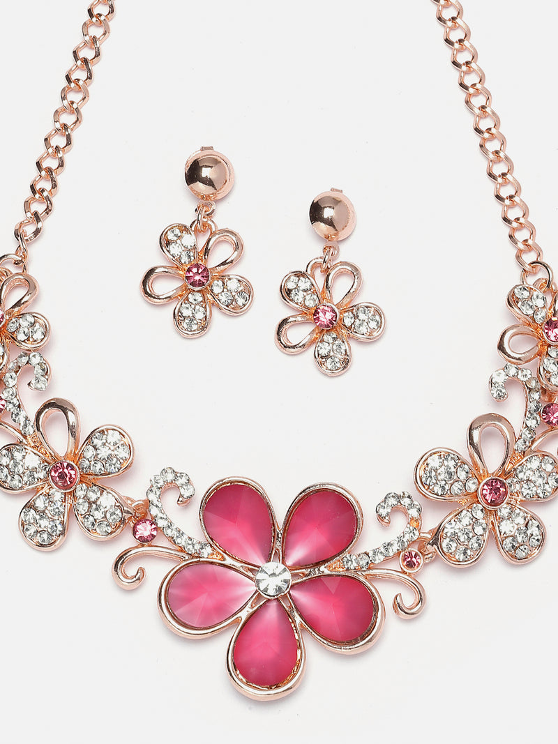 Rose Gold-Plated Red American Diamonds Studded Floweret Necklace & Earrings Jewellery Set