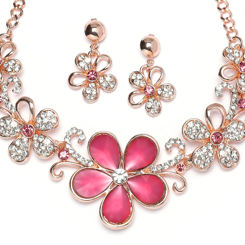Rose Gold-Plated Red American Diamonds Studded Floweret Necklace & Earrings Jewellery Set