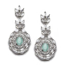 Rhodium-Plated Silver Tone Square Sea Green American Diamond Studded Necklace with Earring Jewellery Set