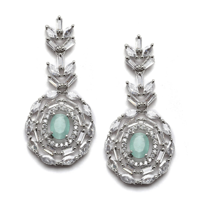 Rhodium-Plated Silver Tone Square Sea Green American Diamond Studded Necklace with Earring Jewellery Set