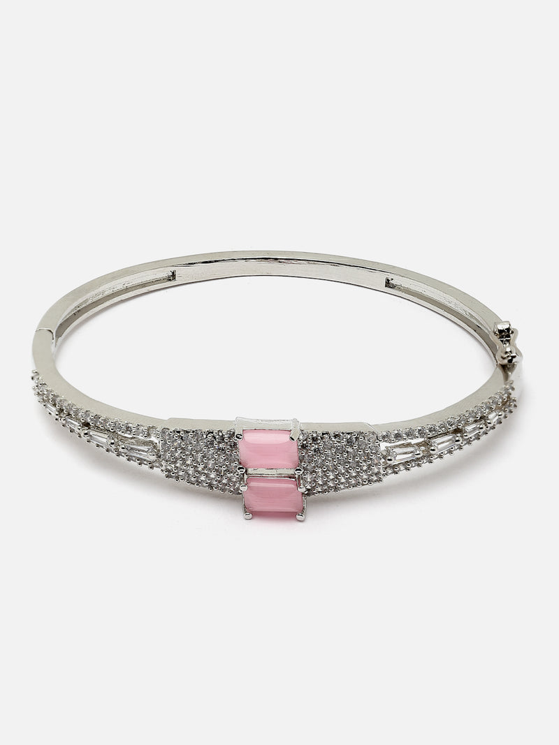 Rhodium-Plated Pink Square Shape American Diamond Studded Kada Bracelet