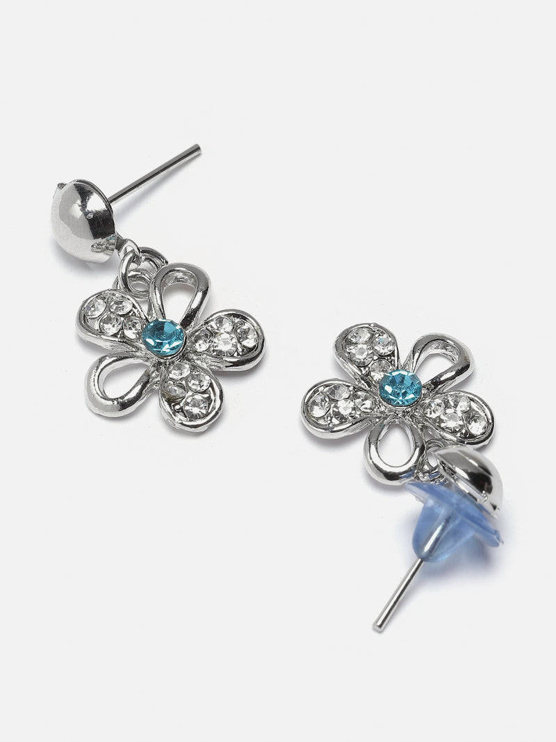 Rhodium-Plated Sea Green American Diamonds Studded Floweret Necklace & Earrings Jewellery Set