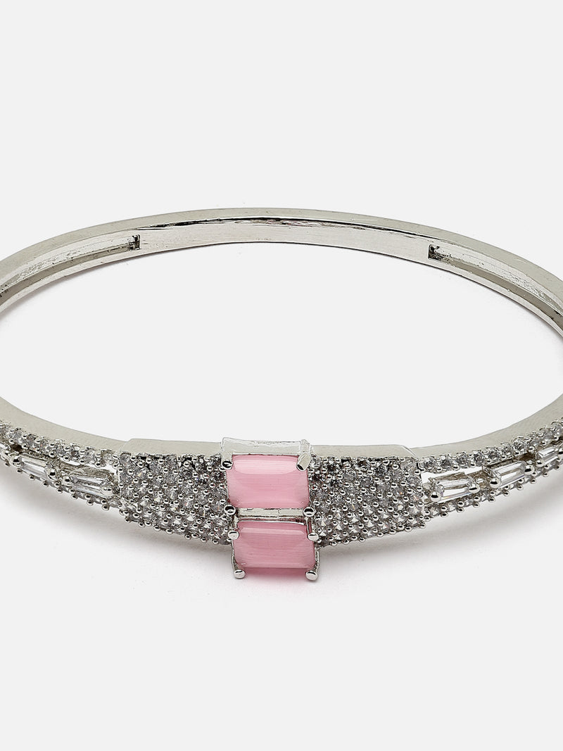 Rhodium-Plated Pink Square Shape American Diamond Studded Kada Bracelet