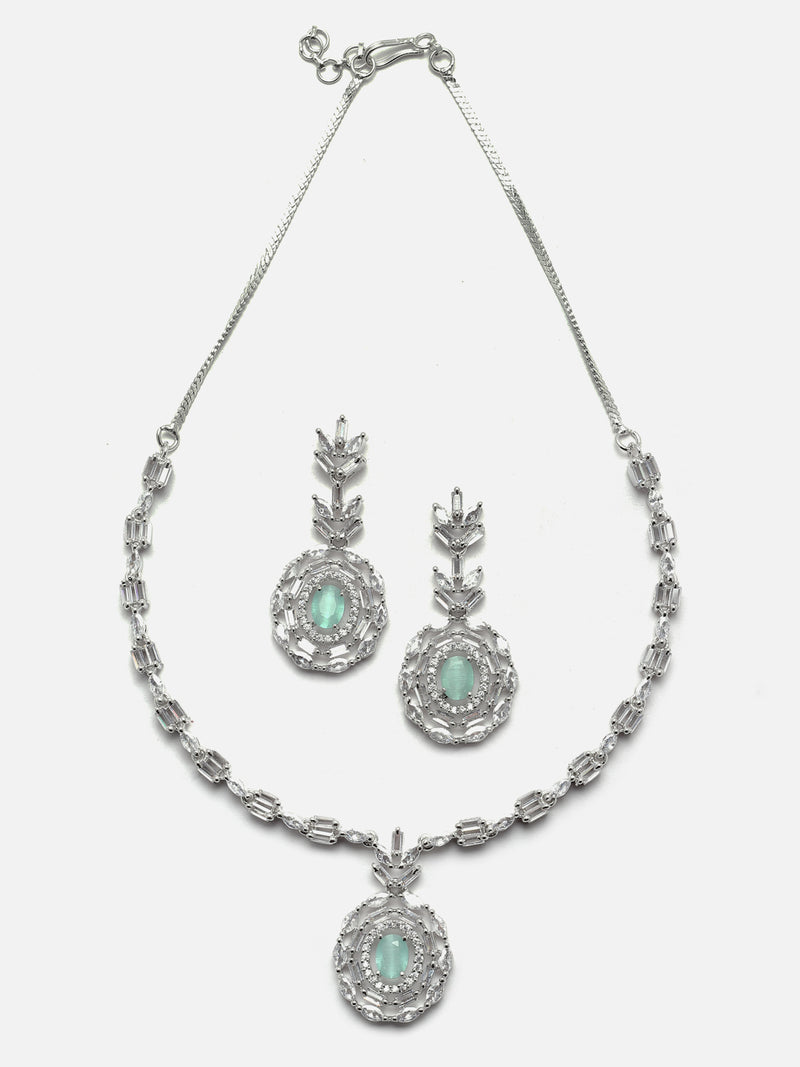 Rhodium-Plated Silver Tone Square Sea Green American Diamond Studded Necklace with Earring Jewellery Set
