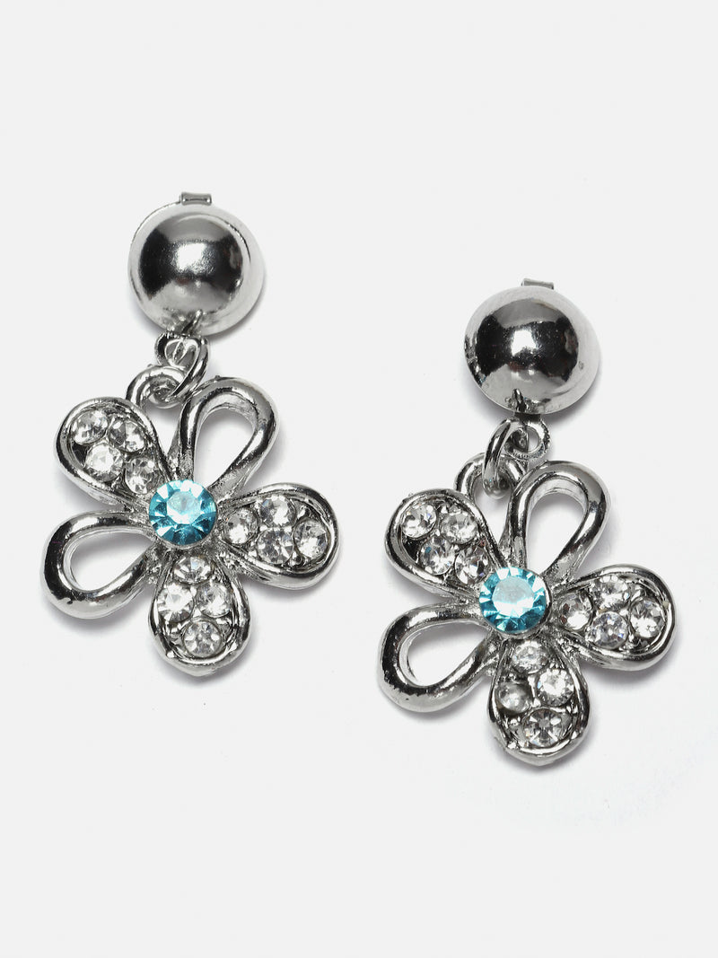 Rhodium-Plated Sea Green American Diamonds Studded Floweret Necklace & Earrings Jewellery Set