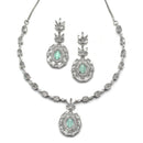 Rhodium-Plated Silver Tone Square Sea Green American Diamond Studded Necklace with Earring Jewellery Set