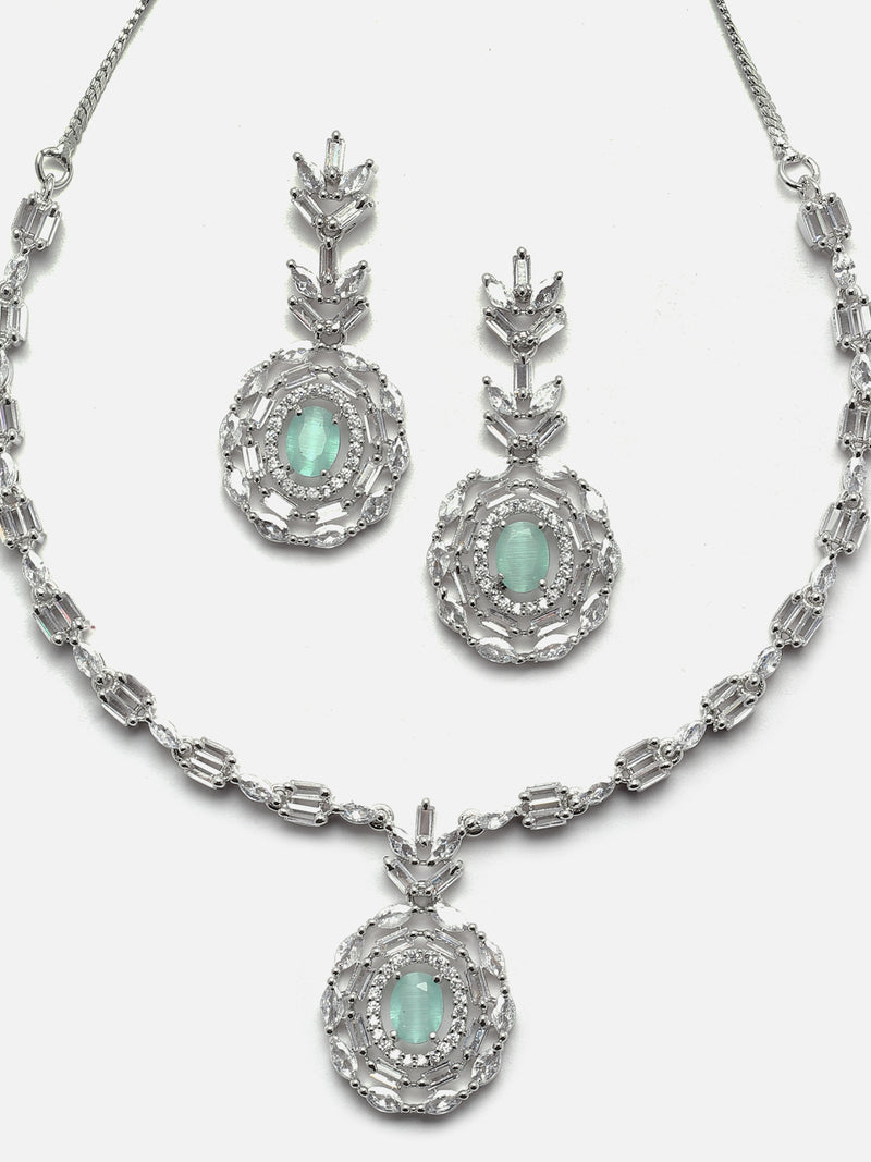 Rhodium-Plated Silver Tone Square Sea Green American Diamond Studded Necklace with Earring Jewellery Set