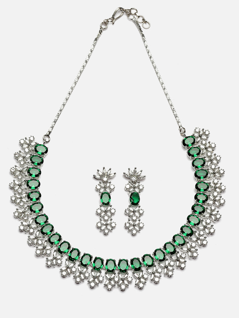 Rhodium-Plated Green American Diamonds Studded Wacky Necklace & Earrings Jewellery Set