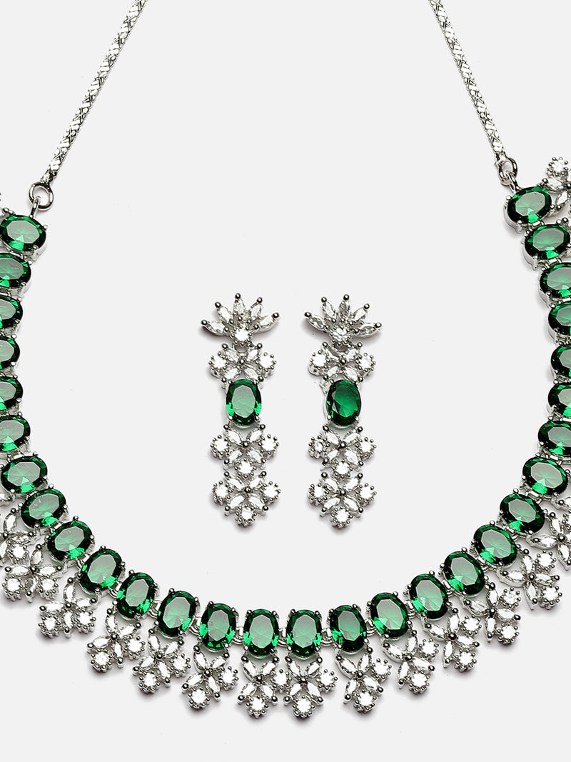 Rhodium-Plated Green American Diamonds Studded Wacky Necklace & Earrings Jewellery Set