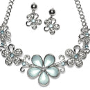 Rhodium-Plated Sea Green American Diamonds Studded Floweret Necklace & Earrings Jewellery Set