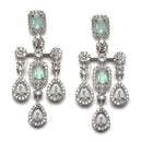 Rhodium-Plated Silver Tone Square Sea Green American Diamond Studded Necklace with Earrings Jewellery Set