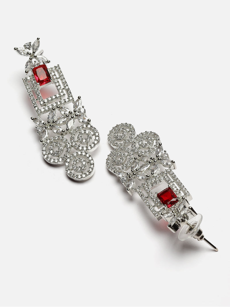 Rhodium-Plated Red & White American Diamonds Studded Squarish Shaped Necklace & Earrings Jewellery Set