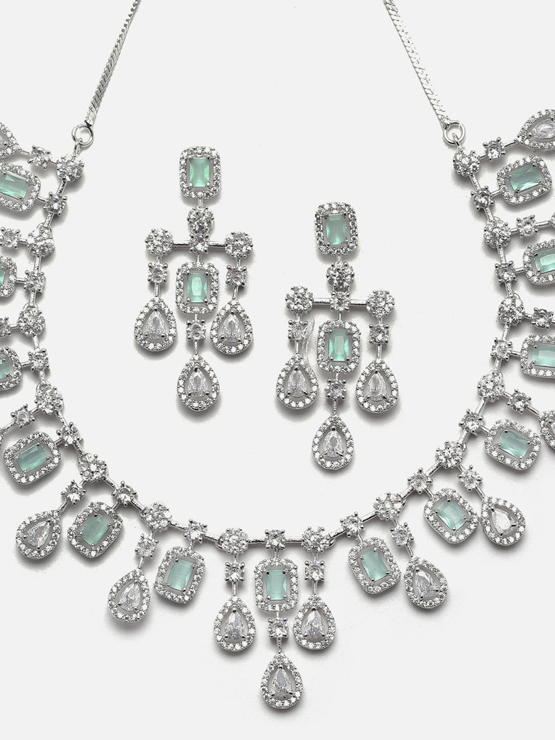 Rhodium-Plated Silver Tone Square Sea Green American Diamond Studded Necklace with Earrings Jewellery Set