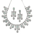 Rhodium-Plated Silver Tone Square Sea Green American Diamond Studded Necklace with Earrings Jewellery Set