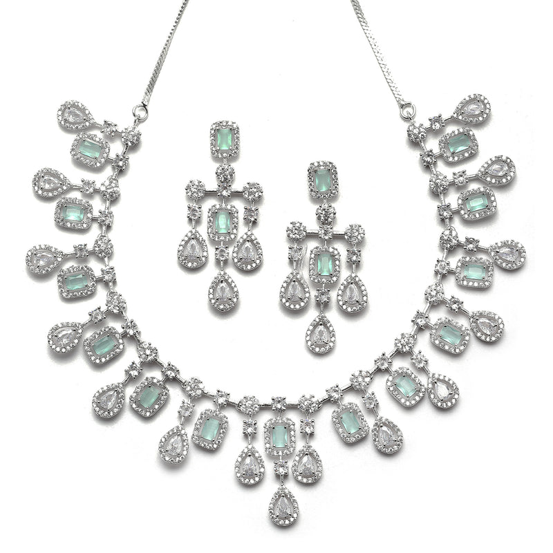 Rhodium-Plated Silver Tone Square Sea Green American Diamond Studded Necklace with Earrings Jewellery Set