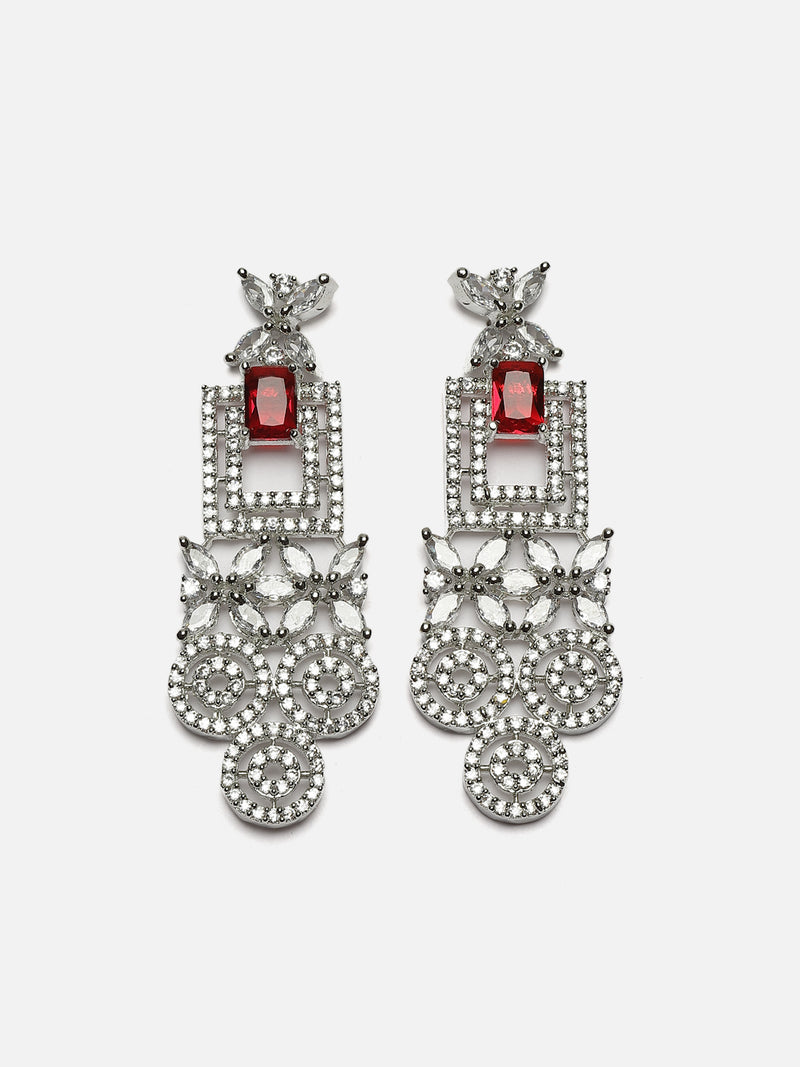 Rhodium-Plated Red & White American Diamonds Studded Squarish Shaped Necklace & Earrings Jewellery Set