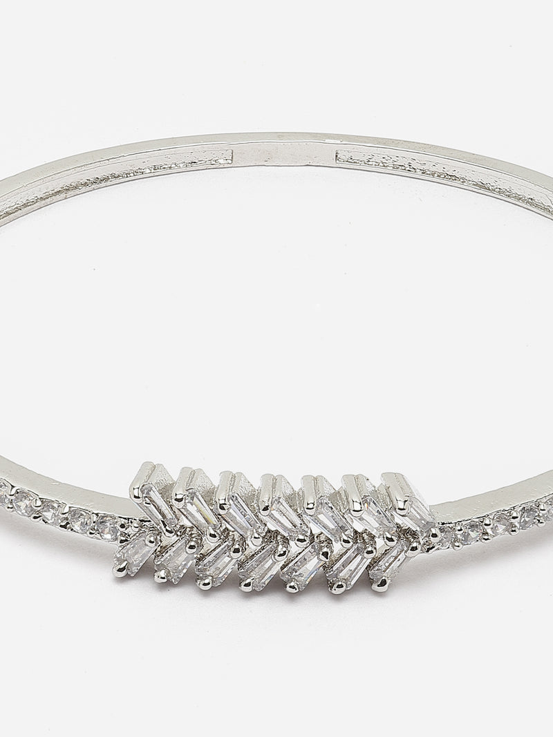 Rhodium-Plated Silver Toned White American Diamond Studded Kada Bracelet