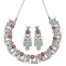 Rhodium-Plated Red & White American Diamonds Studded Squarish Shaped Necklace & Earrings Jewellery Set