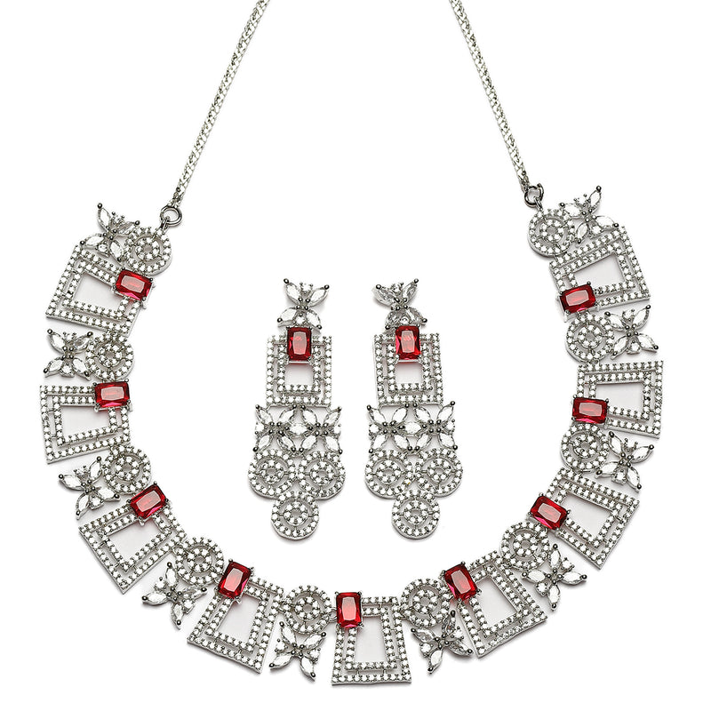 Rhodium-Plated Red & White American Diamonds Studded Squarish Shaped Necklace & Earrings Jewellery Set