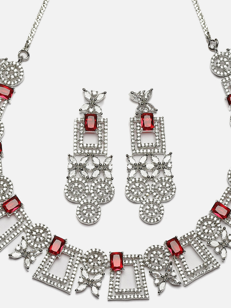 Rhodium-Plated Red & White American Diamonds Studded Squarish Shaped Necklace & Earrings Jewellery Set