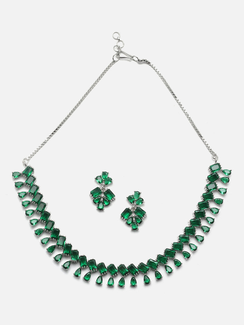 Rhodium-Plated Silver Toned Pear Green American Diamond Studded Necklace with Earrings Jewellery Set
