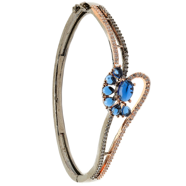 Rose Gold-Plated Black Toned Flower Shaped Royal Blue American Diamond Studded  Bracelet