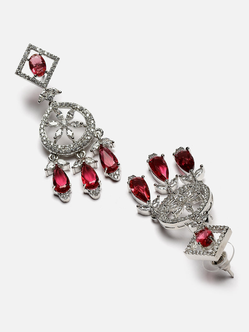 Rhodium-Plated Red Baguette Teardrops American Diamonds Studded Necklace & Earrings Jewellery Set