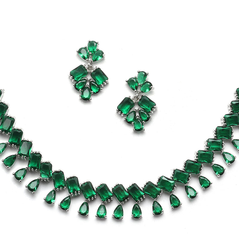 Rhodium-Plated Silver Toned Pear Green American Diamond Studded Necklace with Earrings Jewellery Set