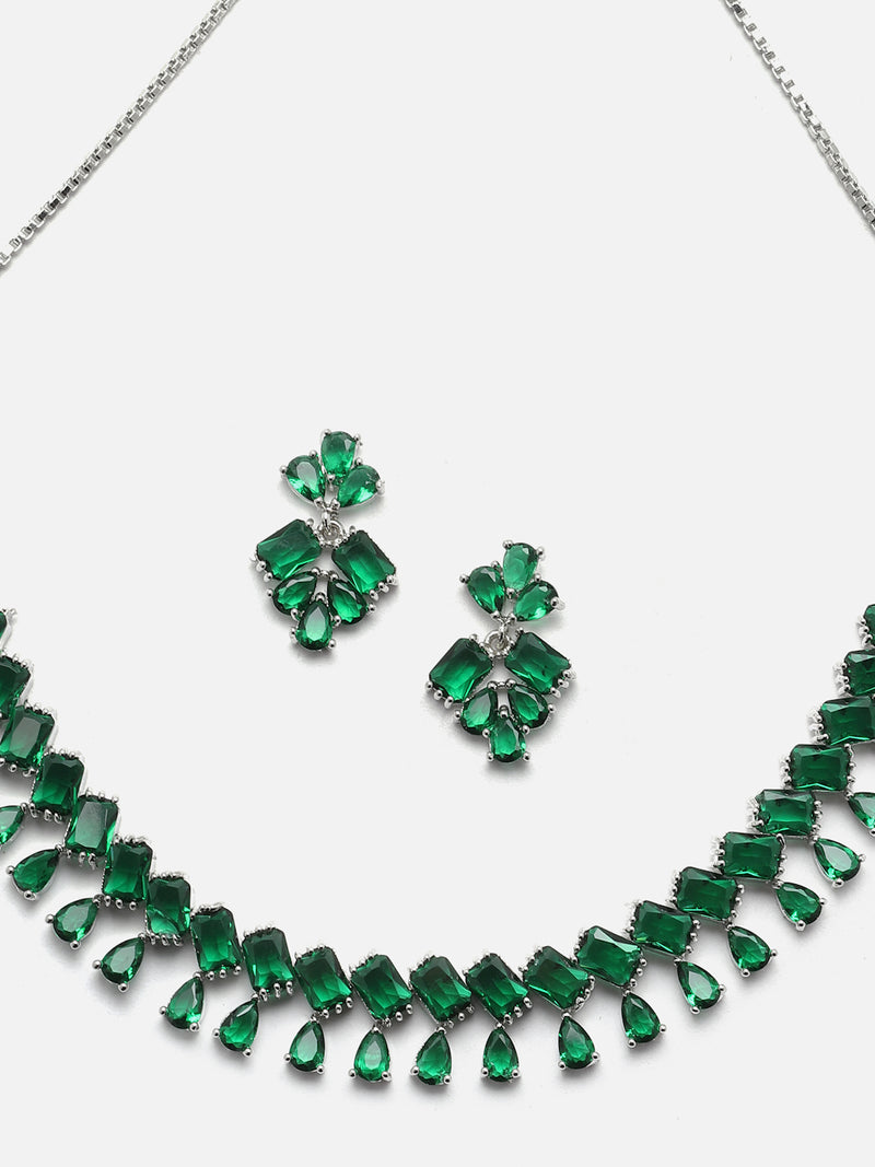 Rhodium-Plated Silver Toned Pear Green American Diamond Studded Necklace with Earrings Jewellery Set