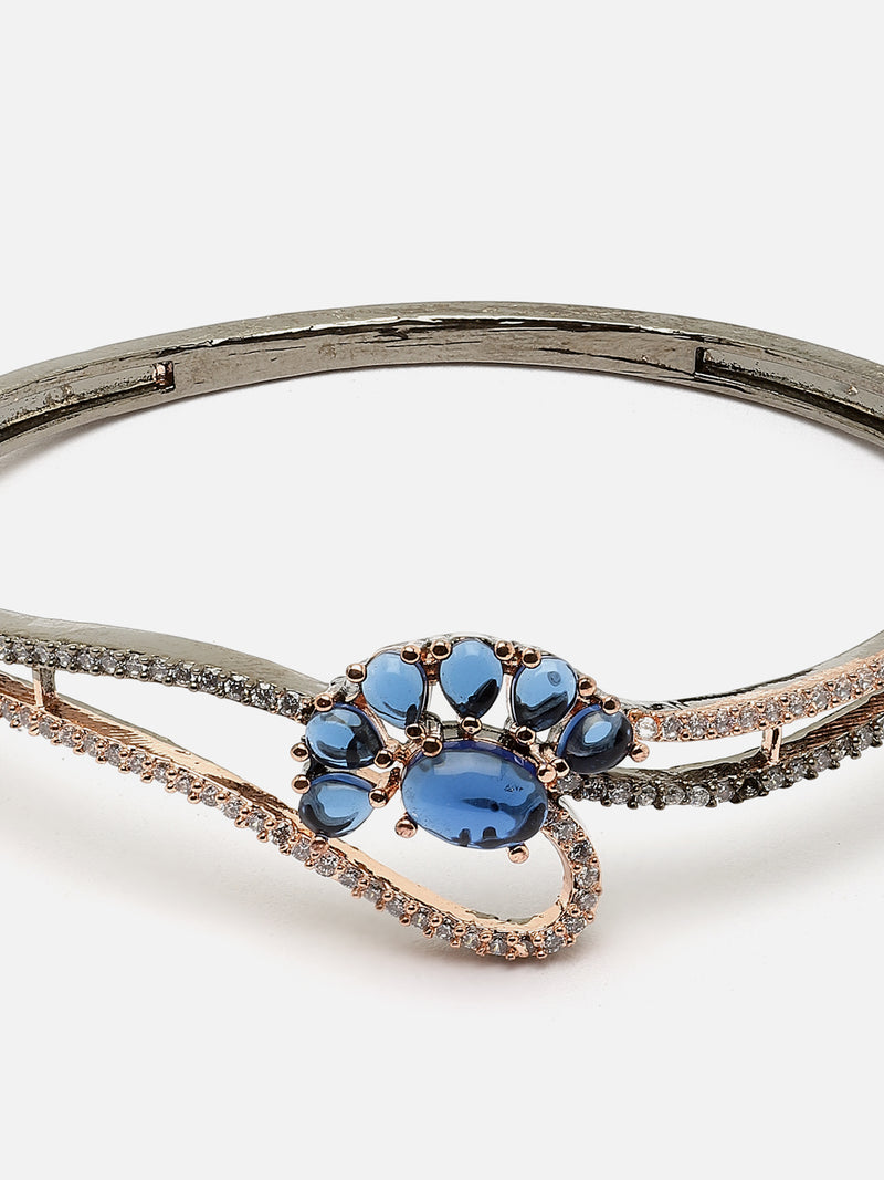 Rose Gold-Plated Gunmetal Toned Navy Blue American Diamond Studded Floral Theme Kada Bracelet