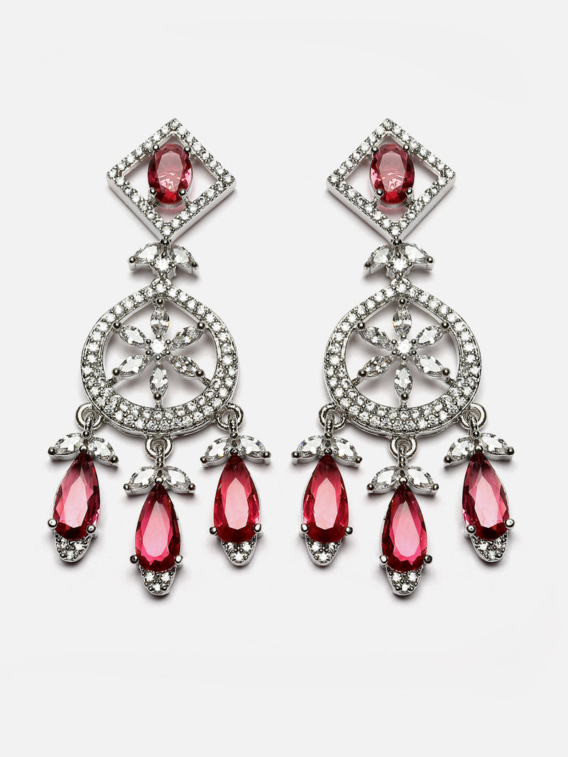 Rhodium-Plated Red Baguette Teardrops American Diamonds Studded Necklace & Earrings Jewellery Set