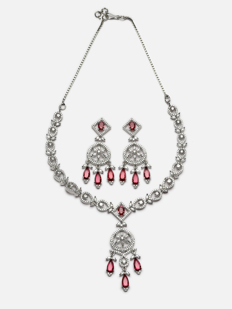 Rhodium-Plated Red Baguette Teardrops American Diamonds Studded Necklace & Earrings Jewellery Set