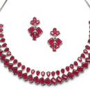 Rhodium-Plated Silver Toned Pear Red American Diamond Studded Necklace Earrings Jewellery Set