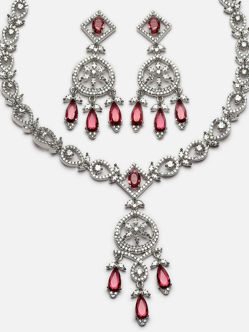 Rhodium-Plated Red Baguette Teardrops American Diamonds Studded Necklace & Earrings Jewellery Set