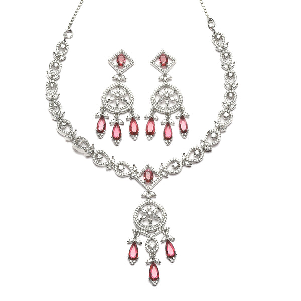 Rhodium-Plated Red Baguette Teardrops American Diamonds Studded Necklace & Earrings Jewellery Set