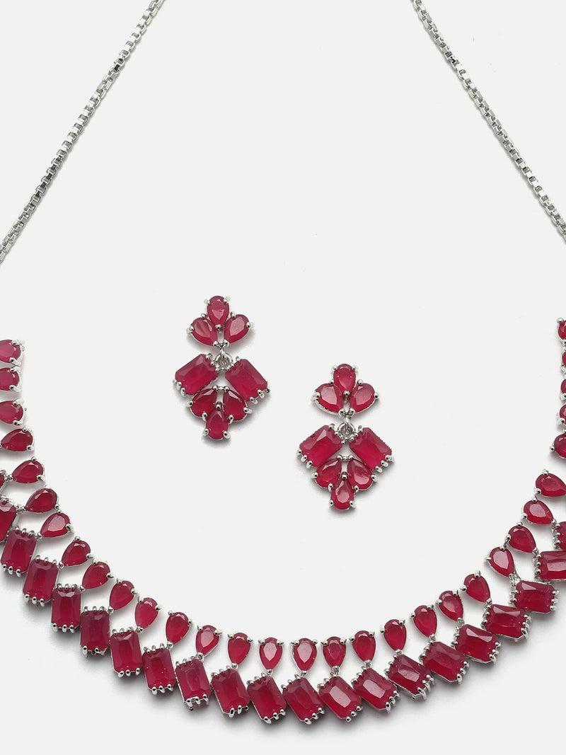 Rhodium-Plated Red Baguette Teardrops American Diamonds Studded Necklace & Earrings Jewellery Set