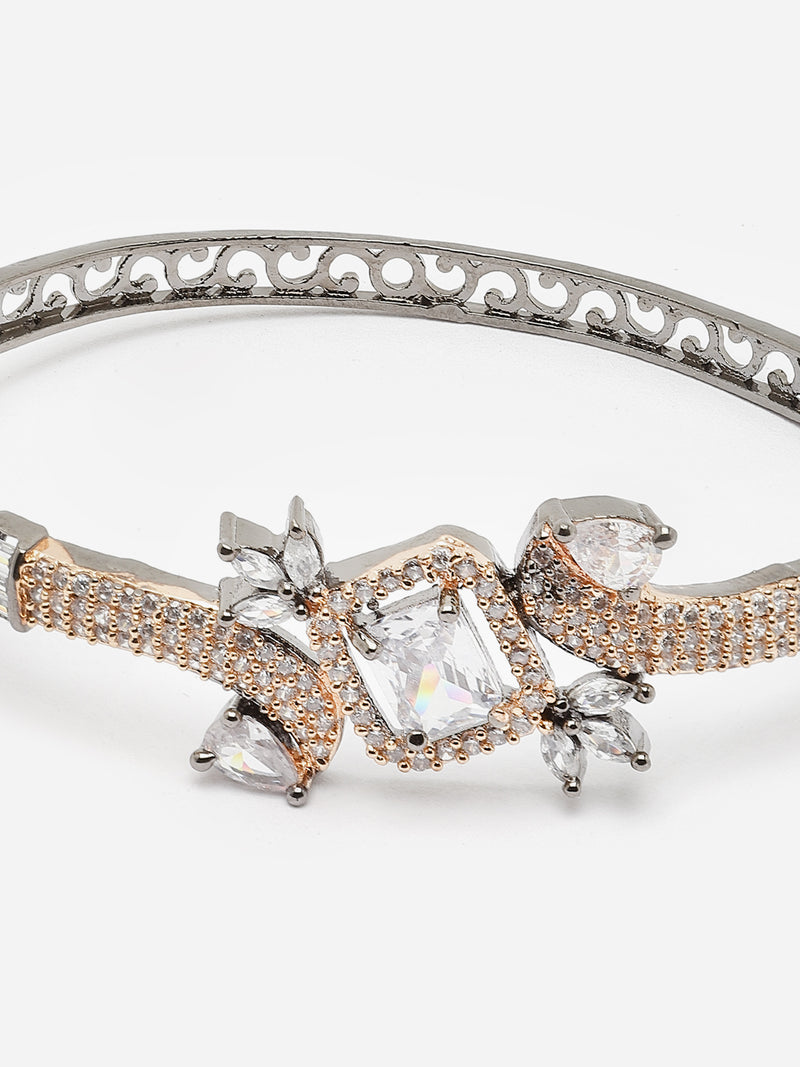 Rose Gold-Plated Gunmetal Toned White American Diamond Studded Kada Bracelet