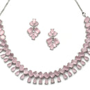 Rhodium-Plated Silver Toned Pear Pink American Diamond Studded Necklace Earrings Jewellery Set