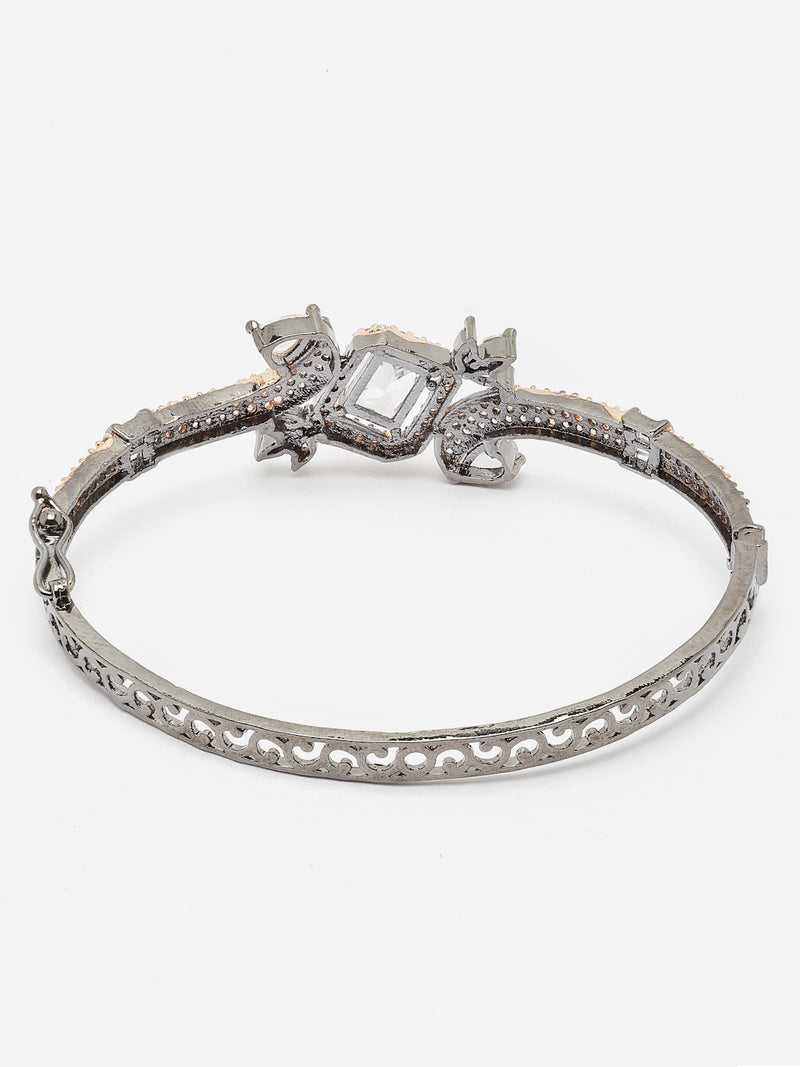 Rose Gold-Plated Gunmetal Toned White American Diamond Studded Kada Bracelet