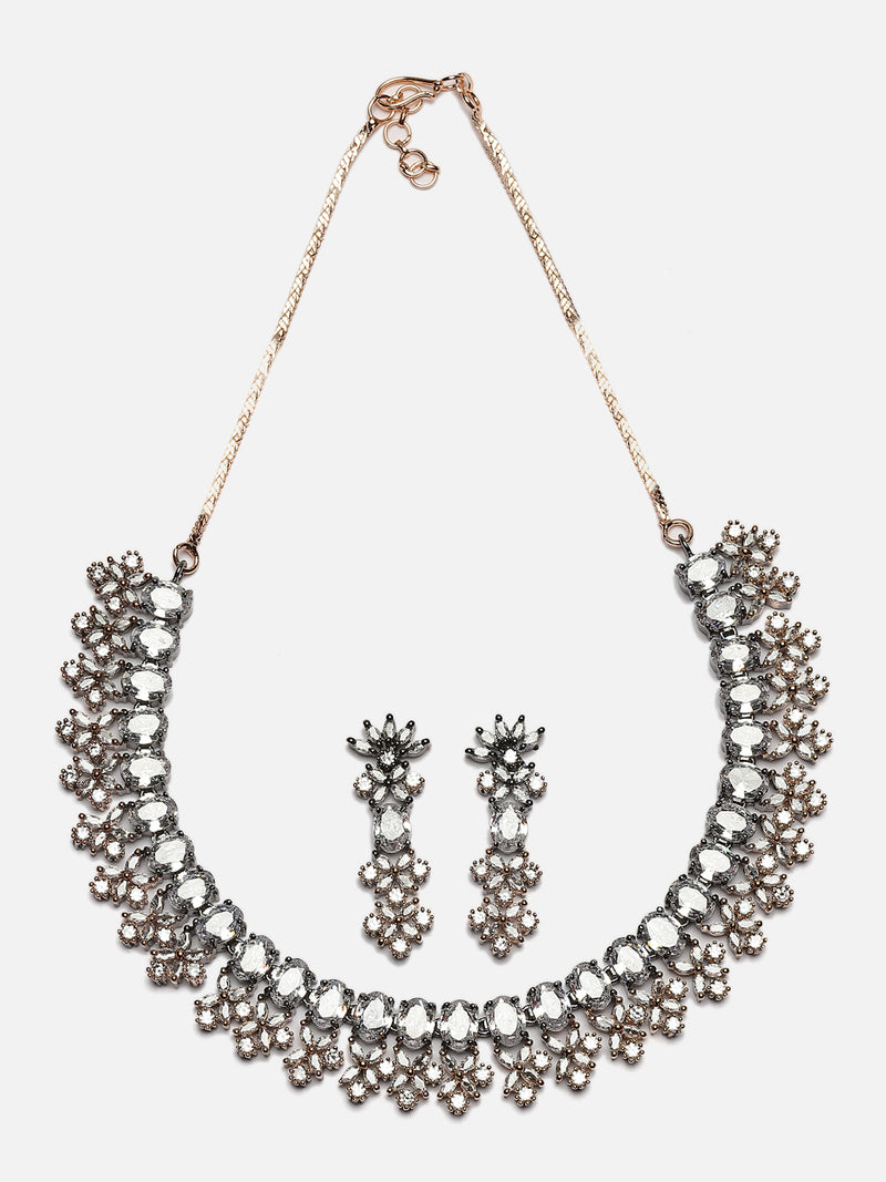 Rose Gold-Plated Gunmetal Toned White American Diamonds Studded Wacky Necklace & Earrings