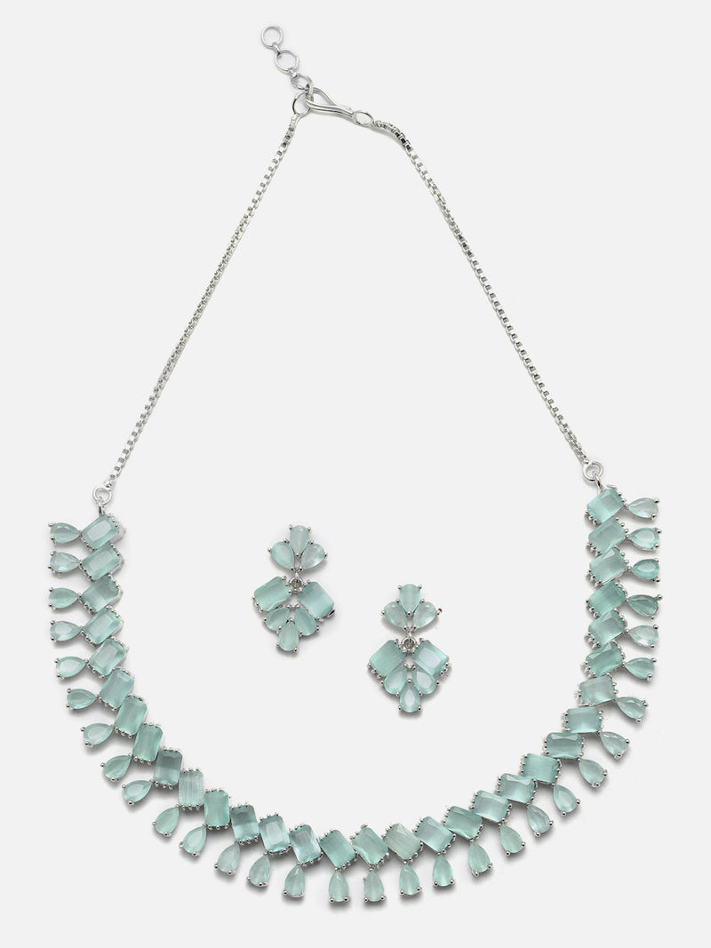 Rhodium-Plated Silver Toned Pear Sea Green American Diamond Studded Necklace Earrings Jewellery Set