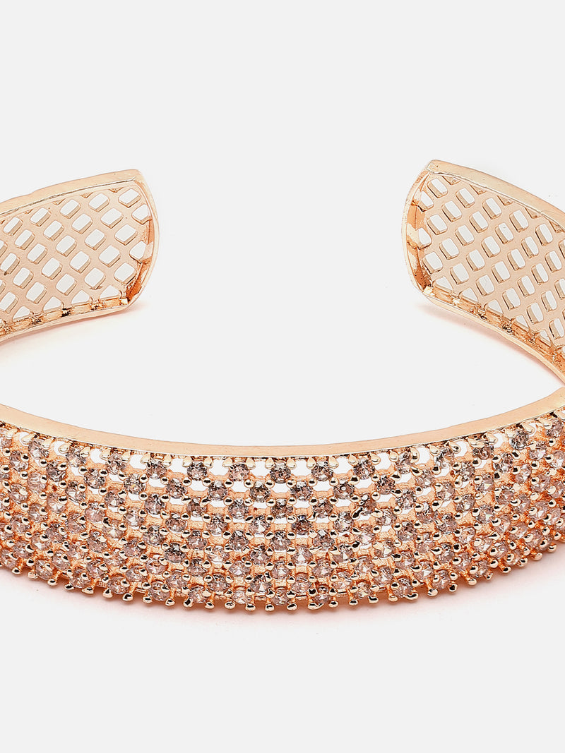 Rose Gold-Plated White American Diamond Studded Handcrafted Cuff Bracelet