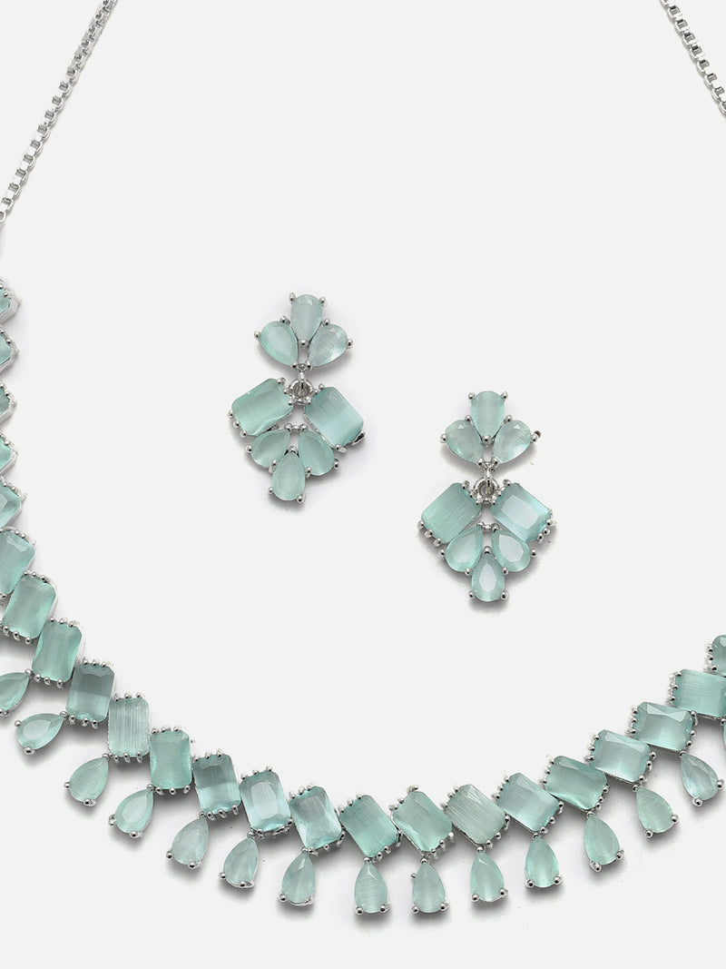 Rhodium-Plated Silver Toned Pear Sea Green American Diamond Studded Necklace Earrings Jewellery Set