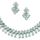 Rhodium-Plated Silver Toned Pear Sea Green American Diamond Studded Necklace Earrings Jewellery Set