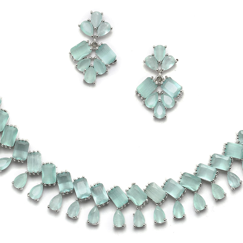 Rhodium-Plated Silver Toned Pear Sea Green American Diamond Studded Necklace Earrings Jewellery Set
