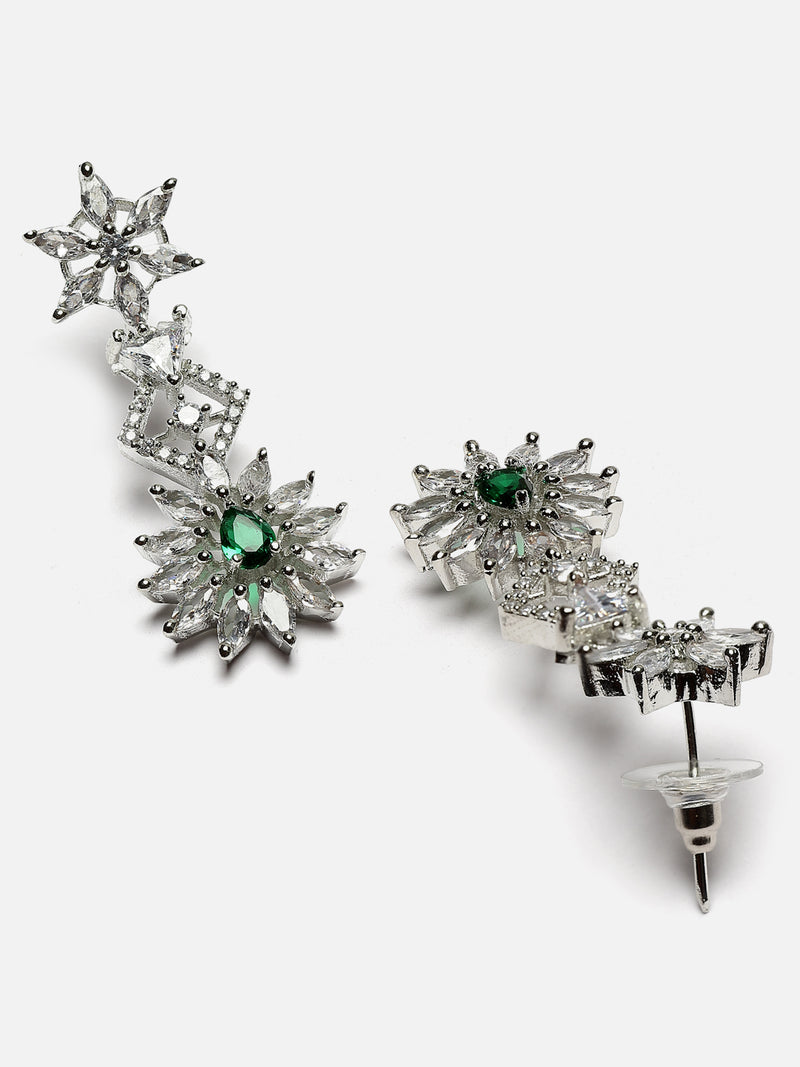 Rhodium-Plated Green & White Dribble Shape American Diamonds Studded Necklace & Earrings Jewellery Set