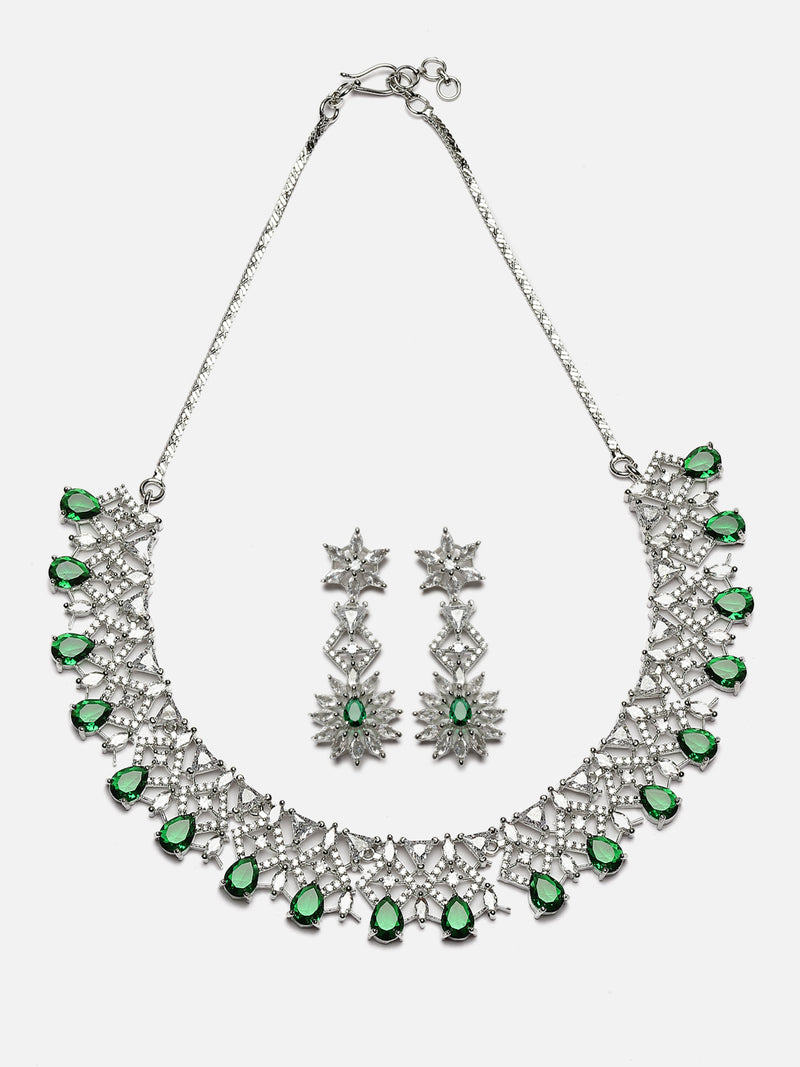 Rhodium-Plated Green & White Dribble Shape American Diamonds Studded Necklace & Earrings Jewellery Set