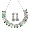 Rhodium-Plated Green & White Dribble Shape American Diamonds Studded Necklace & Earrings Jewellery Set