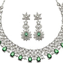 Rhodium-Plated Green & White Dribble Shape American Diamonds Studded Necklace & Earrings Jewellery Set
